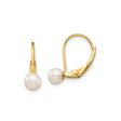 14k Yellow Gold Leverback Earrings with Round White Pearls, Classic Drop Design for Women