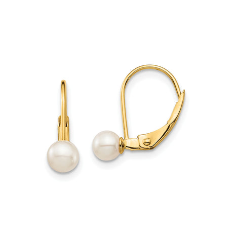 14k Yellow Gold Leverback Earrings with Round White Pearls, Classic Drop Design for Women