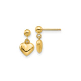 14k Yellow Gold Heart Dangle Stud Earrings with Polished Puffed Charm for Women