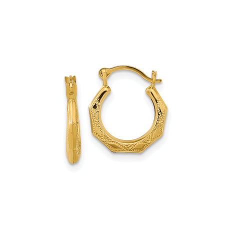 14k Yellow Gold Hoop Earrings with Octagonal Shape and Textured Beaded Design