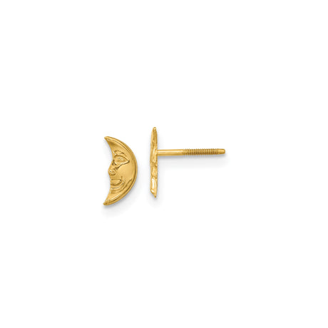14k Yellow Gold Crescent Moon Face Stud Earrings, Celestial Lunar Design
