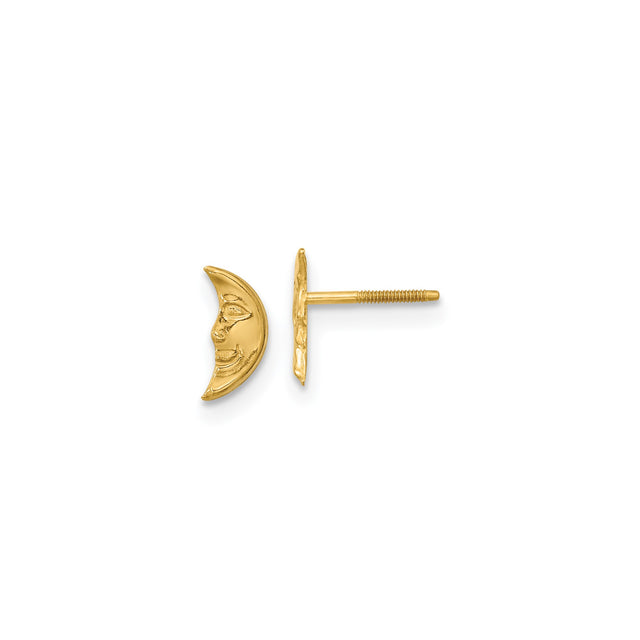 14k Yellow Gold Crescent Moon Face Stud Earrings, Celestial Lunar Design