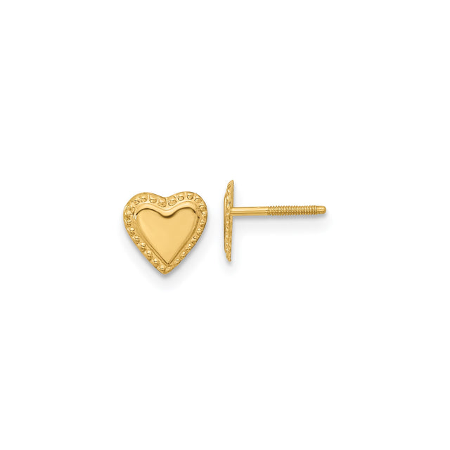 14k Yellow Gold Heart Stud Earrings with Textured Edging for Women