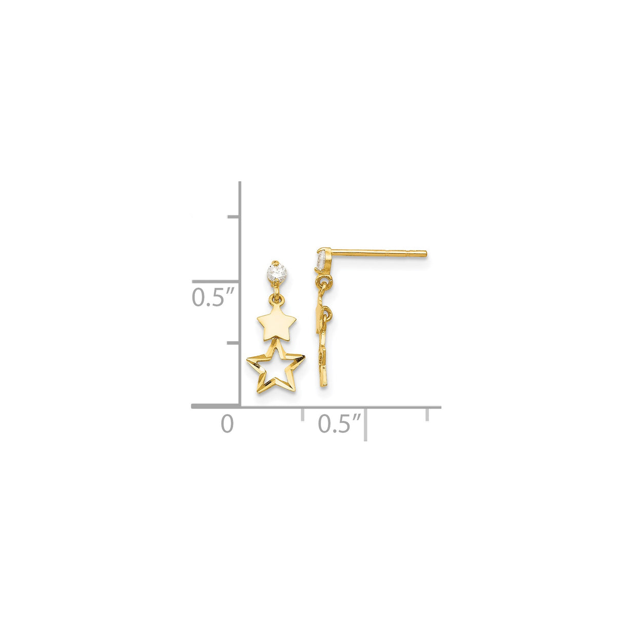 14k Yellow Gold Dangle Earrings with Cubic Zirconia, Solid and Open Star Charms, Celestial Style