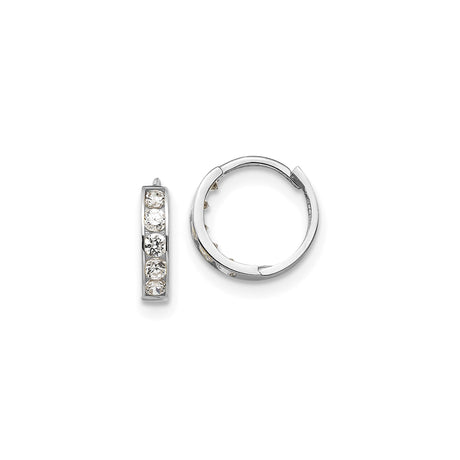 14k White Gold Diamond Hoop Earrings, Channel Set Round Cut, Huggie Style for Women
