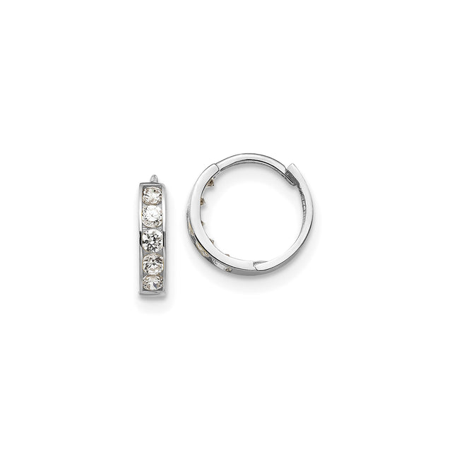 14k White Gold Diamond Hoop Earrings, Channel Set Round Cut, Huggie Style for Women
