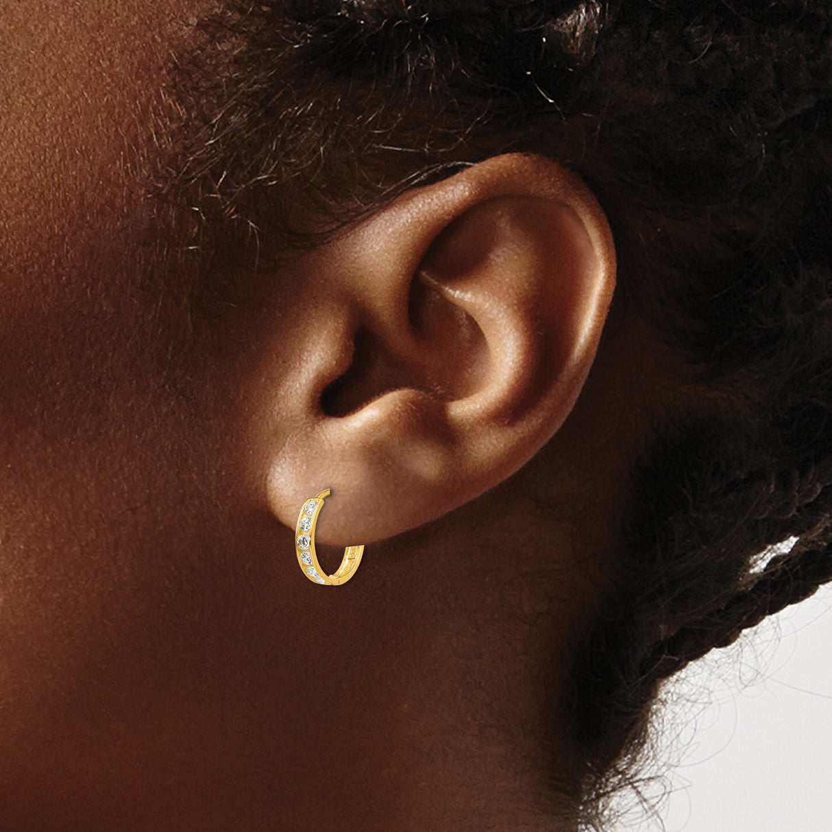 14k Yellow Gold Hoop Earrings with Cubic Zirconia in Channel Setting, Classic Minimalist Style