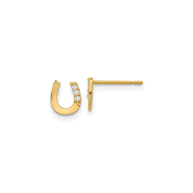 14k Yellow Gold Horseshoe Stud Earrings with Cubic Zirconia, Western-Inspired Luck Charm for Women