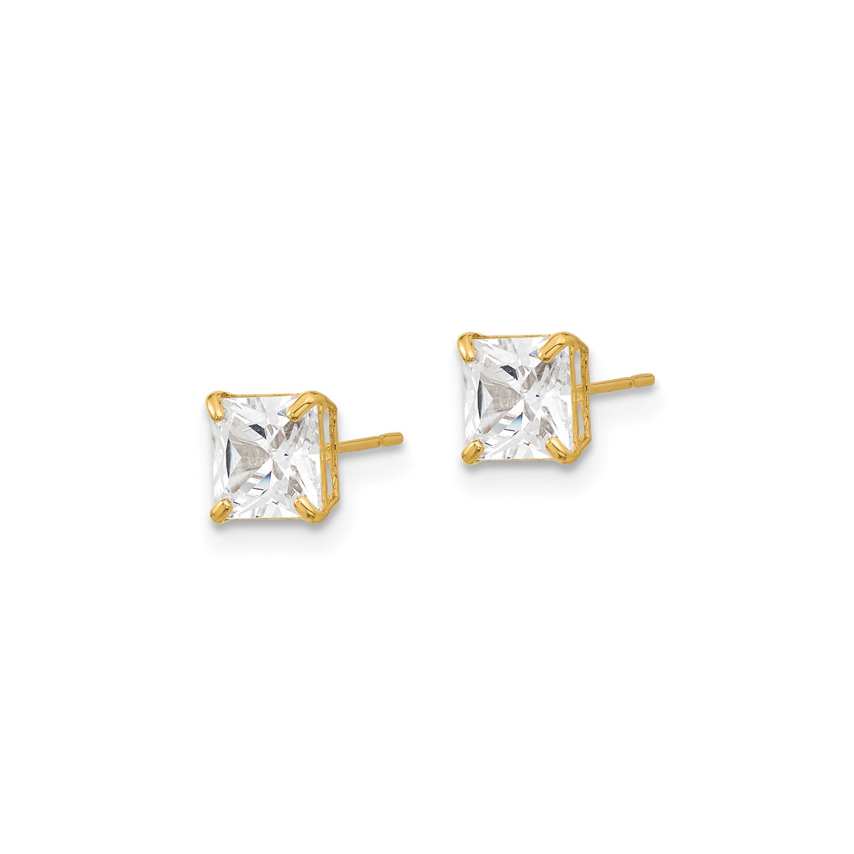 14k Yellow Gold Stud Earrings with Princess Cut Cubic Zirconia, Four Prong Basket Setting