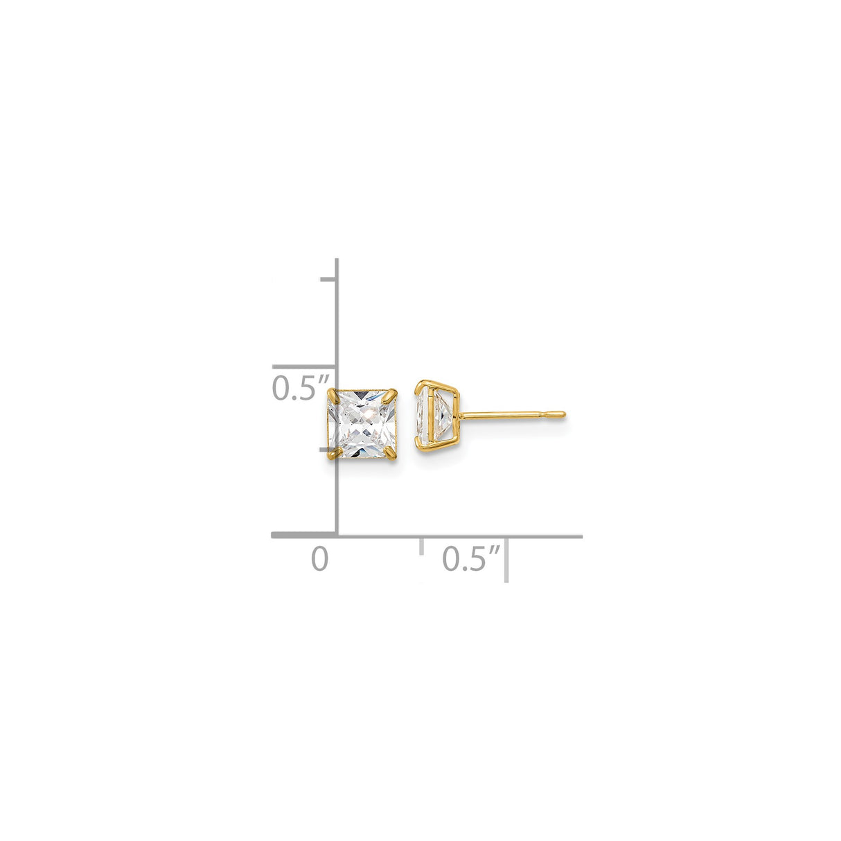 14k Yellow Gold Stud Earrings with Princess Cut Cubic Zirconia, Four Prong Basket Setting