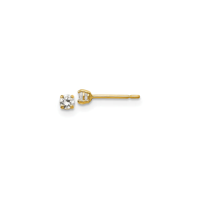 14k Yellow Gold Solitaire Stud Earrings with Round Cubic Zirconia, Classic Four Prong Setting