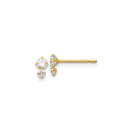 14k Yellow Gold Stud Earrings with Round Cut Cubic Zirconia, Double Stone Modern Design