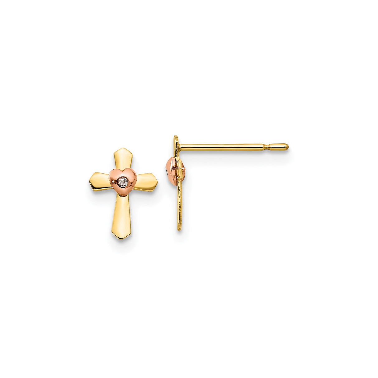 14k Yellow Gold Two-Tone Cross Pendant with Diamond Heart Accent, Spiritual Charm for Men and Women