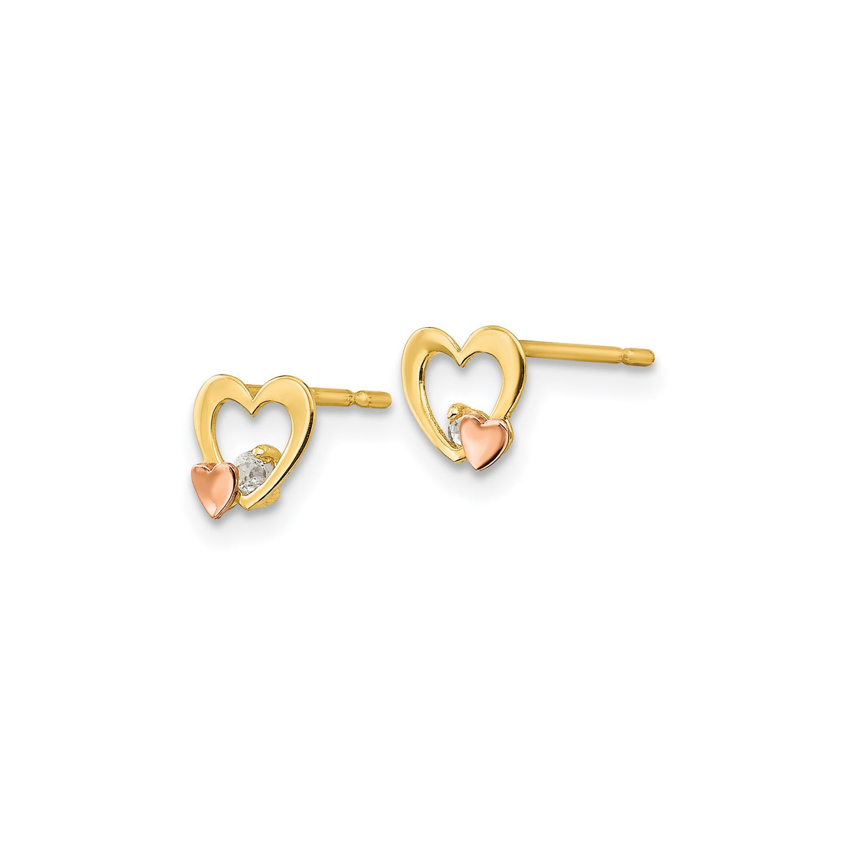 14k Two-Tone Gold Heart Stud Earrings with Cubic Zirconia and Rose Gold Accent