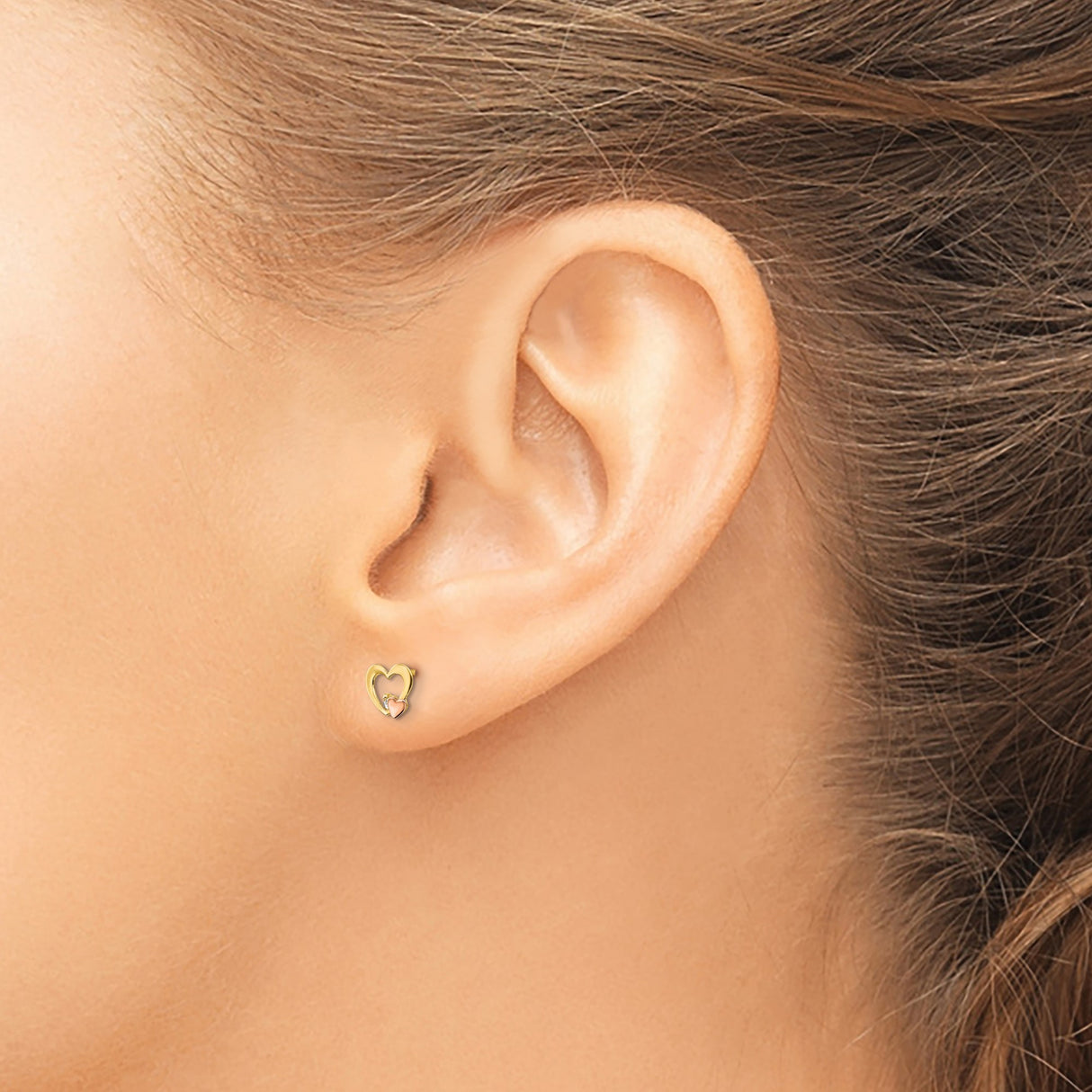 14k Two-Tone Gold Heart Stud Earrings with Cubic Zirconia and Rose Gold Accent