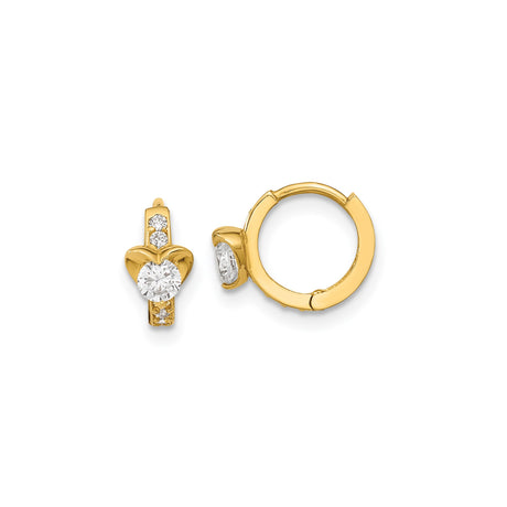 14k Yellow Gold Hoop Earrings with Cubic Zirconia, Heart Design, Romantic Style for Women