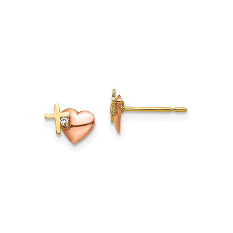 14k Yellow Gold Cross Pendant with Cubic Zirconia, Two-Tone Rose and Yellow Gold, Modern Faith Design