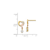 14k Yellow Gold Heart and Cross Earrings with Cubic Zirconia, Two-Tone Christian Studs for Women