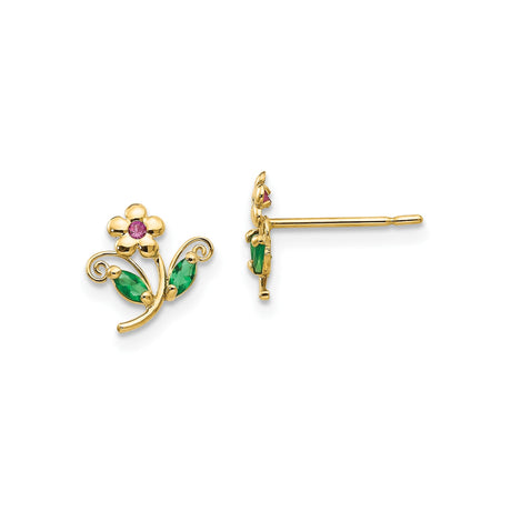 14k Yellow Gold Flower Stud Earrings with Pink Cubic Zirconia and Green Leaf Accents