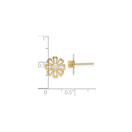 14k Yellow Gold Flower Stud Earrings with Cubic Zirconia and Heart Shaped Petals
