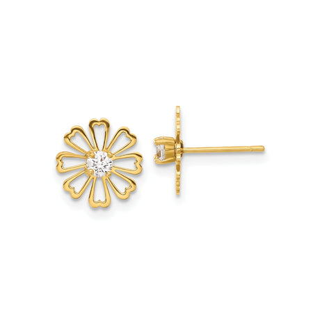 14k Yellow Gold Flower Stud Earrings with Cubic Zirconia and Heart Shaped Petals