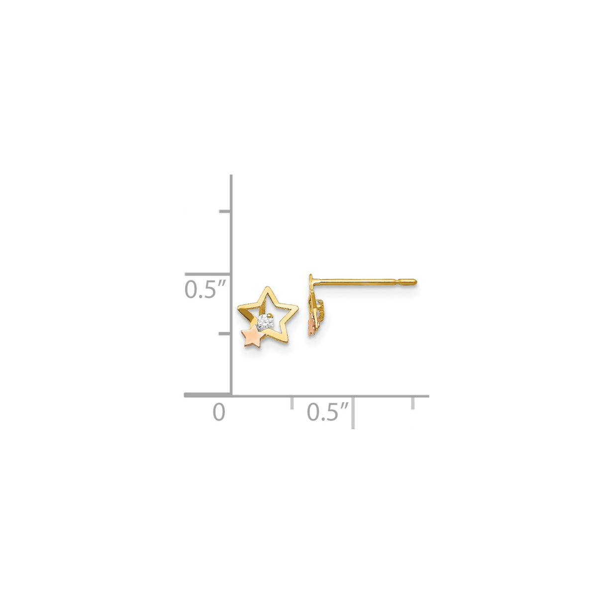 14k Yellow Gold Star Stud Earrings with Cubic Zirconia, Rose Gold Accent, Celestial Design