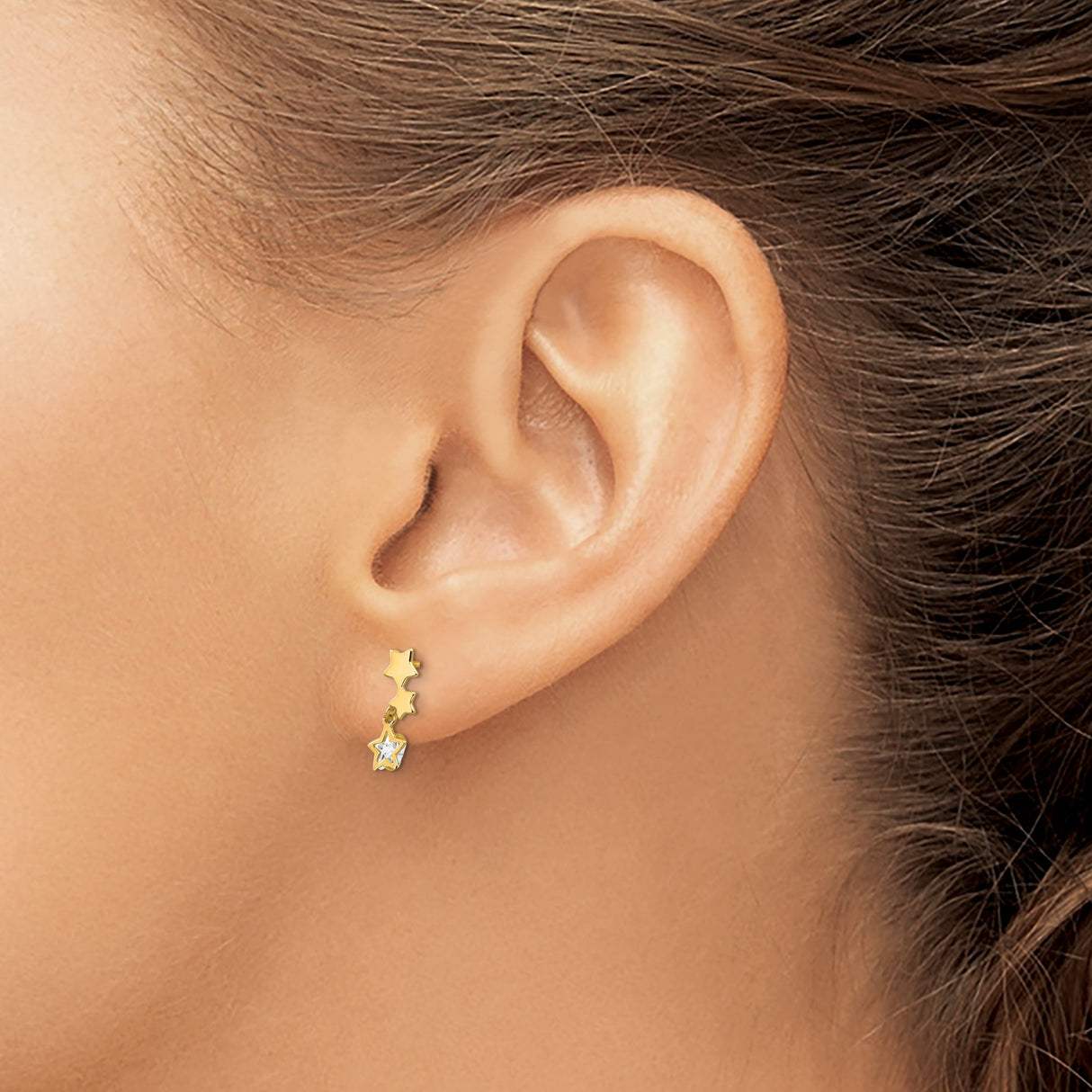 14k Yellow Gold Star Drop Stud Earrings with Cubic Zirconia, Celestial Minimalist Design