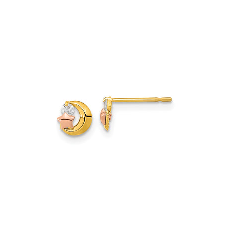 14k Yellow Gold Crescent Moon and Rose Gold Star Stud Earrings with Cubic Zirconia