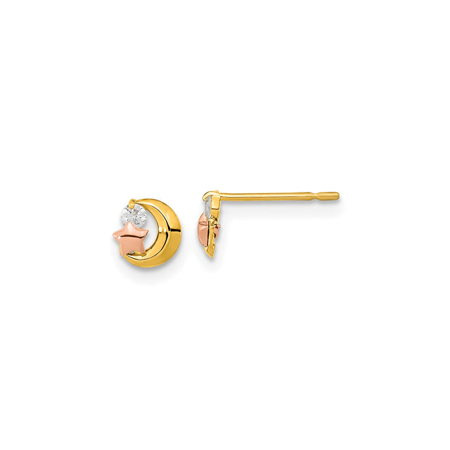 14k Yellow Gold Crescent Moon and Rose Gold Star Stud Earrings with Cubic Zirconia