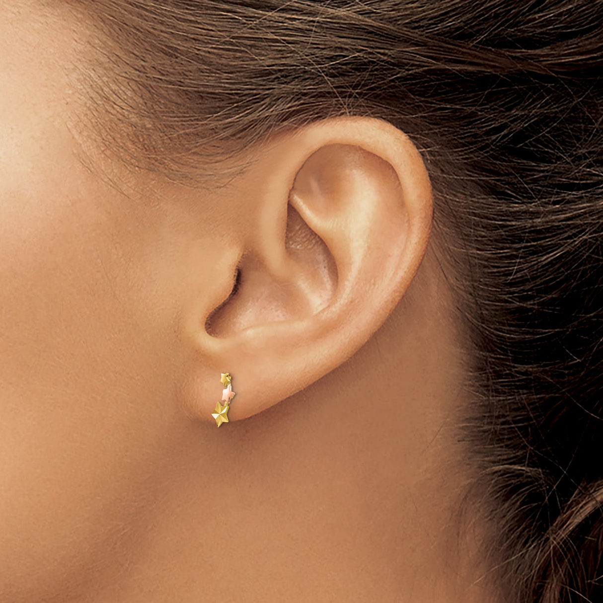 14k Two Tone Gold Star Climber Earrings with Three Polished Stars for Women