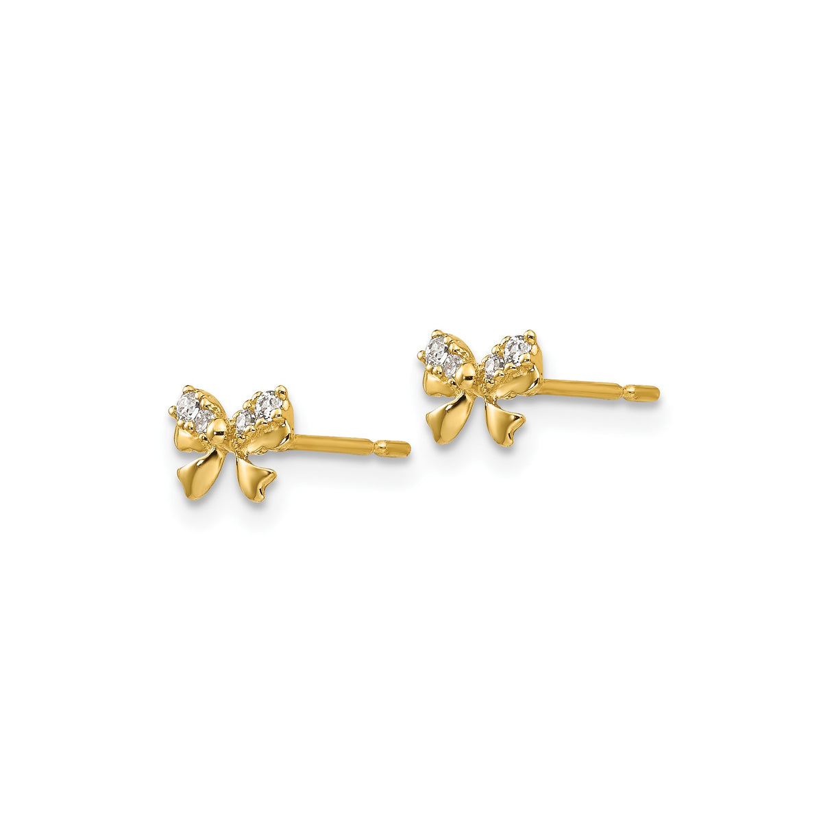 14k Yellow Gold Bow Stud Earrings with Cubic Zirconia Accents, Dainty Feminine Design