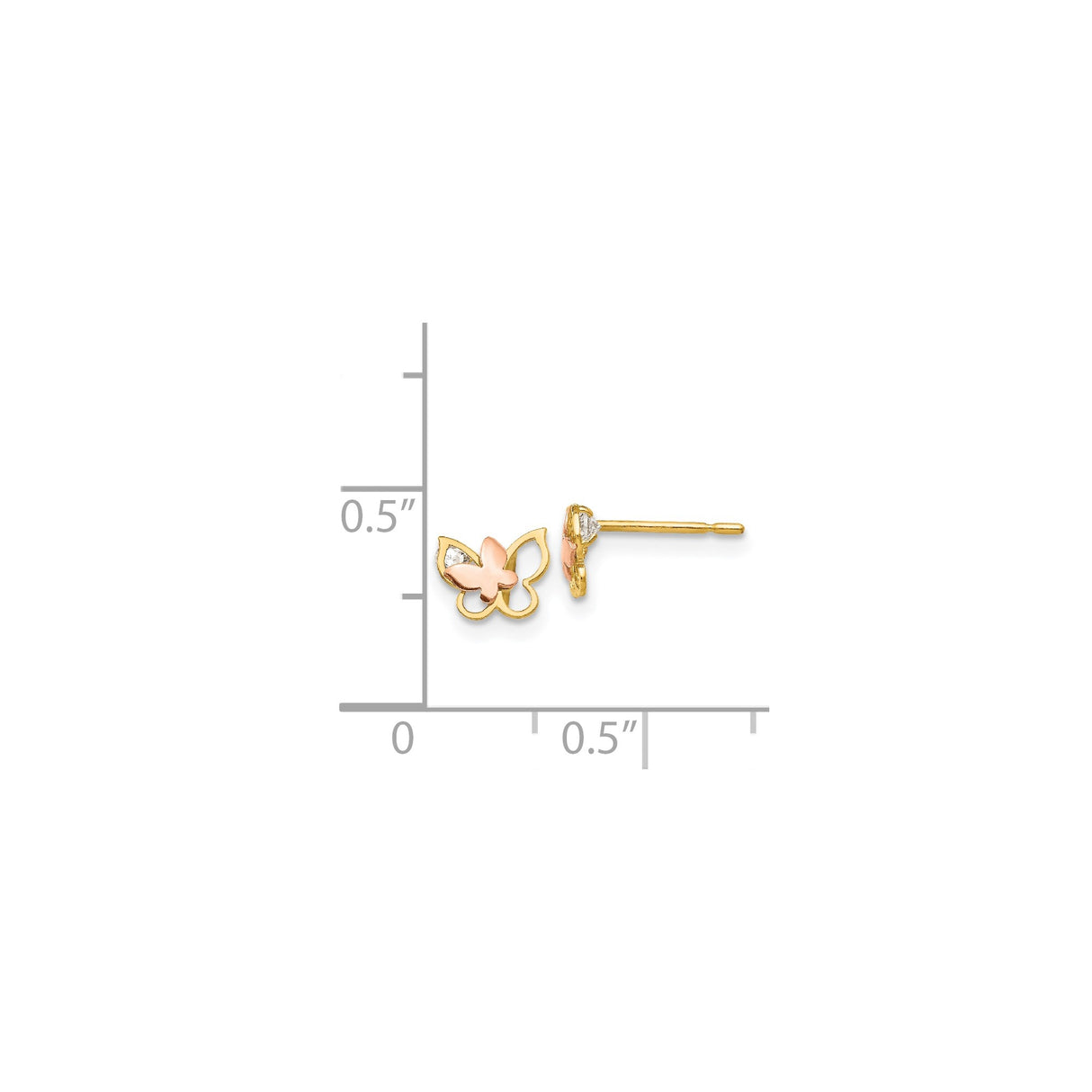 14k Two-Tone Gold Butterfly Stud Earrings with Cubic Zirconia, Rose and Yellow Gold, Minimalist Design