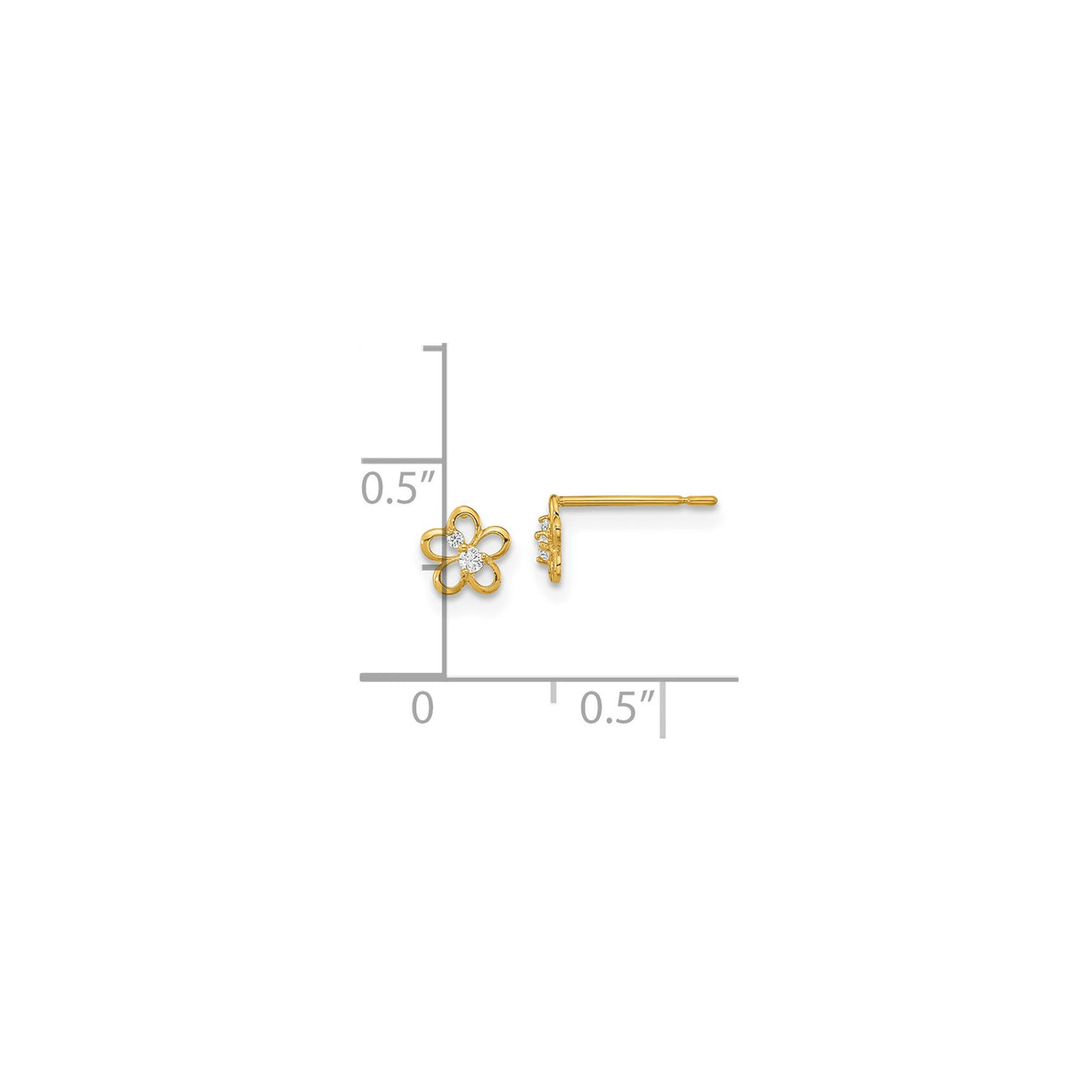 14k Yellow Gold Flower Stud Earrings with Cubic Zirconia, Open Petal Design, Floral Motif