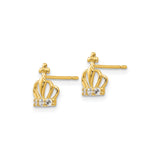 14k Yellow Gold Crown Stud Earrings with Three Cubic Zirconia, Dainty Princess Style
