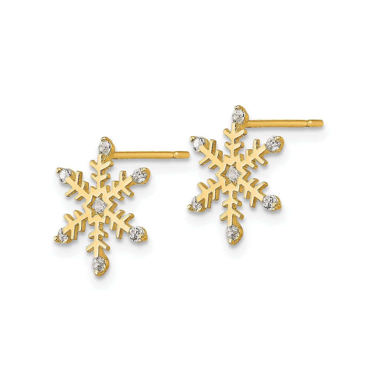 14k Yellow Gold Snowflake Stud Earrings with Cubic Zirconia, Winter Holiday Theme