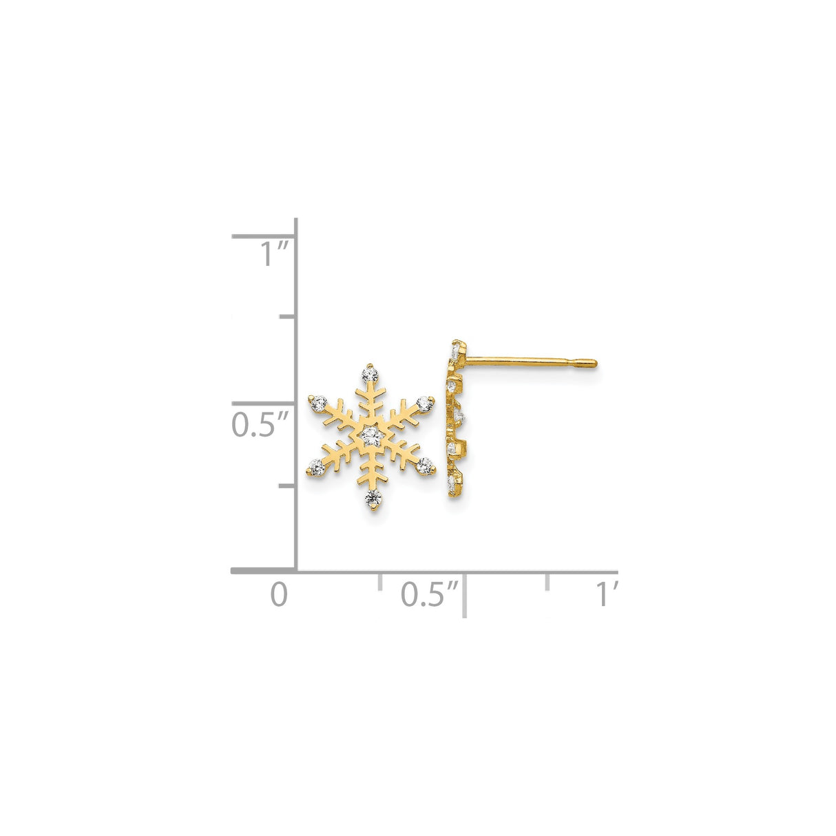 14k Yellow Gold Snowflake Stud Earrings with Cubic Zirconia, Winter Holiday Theme