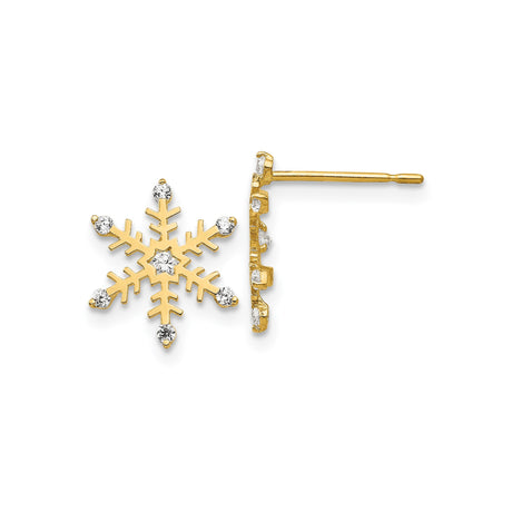 14k Yellow Gold Snowflake Stud Earrings with Cubic Zirconia, Winter Holiday Theme
