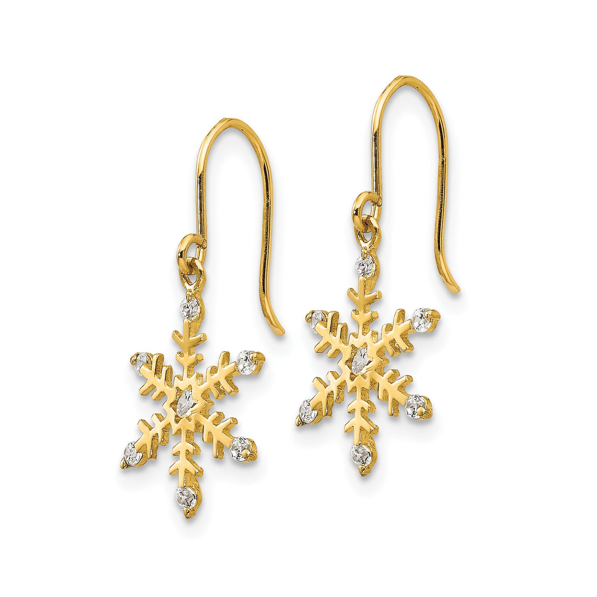 14k Yellow Gold Snowflake Drop Earrings with Cubic Zirconia, Winter Holiday Theme