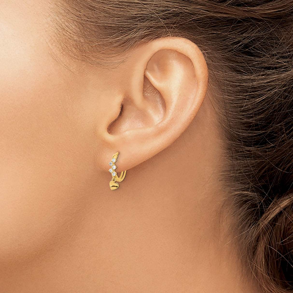 14k Yellow Gold Hoop Earrings with Cubic Zirconia and Polished Heart Charm Dangle Design