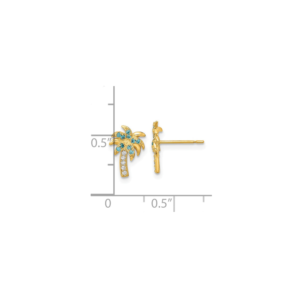 14k Yellow Gold Palm Tree Stud Earrings with Blue and White Cubic Zirconia, Tropical Style
