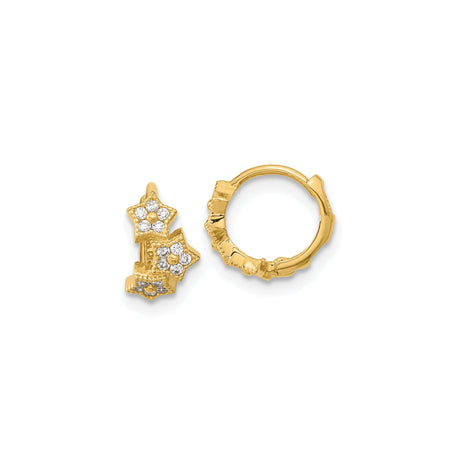 14k Yellow Gold Hoop Earrings with Cubic Zirconia, Triple Star Charms, Celestial Youth Design