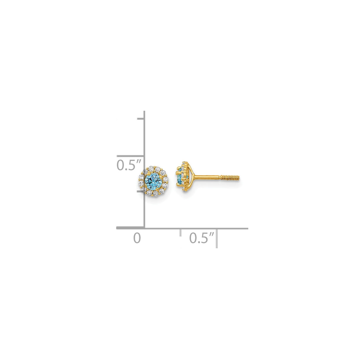 14k Yellow Gold Stud Earrings with Round Blue Cubic Zirconia and Halo Floral Design