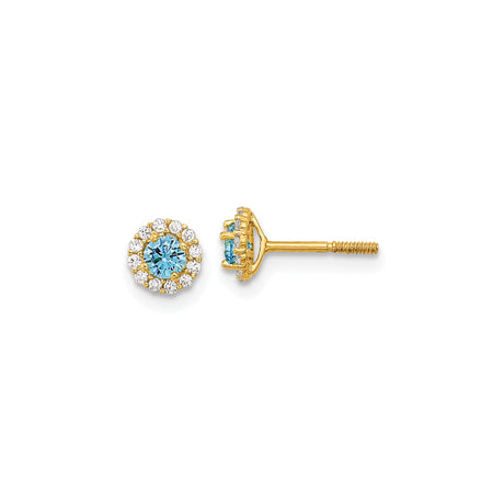 14k Yellow Gold Stud Earrings with Round Blue Cubic Zirconia and Halo Floral Design