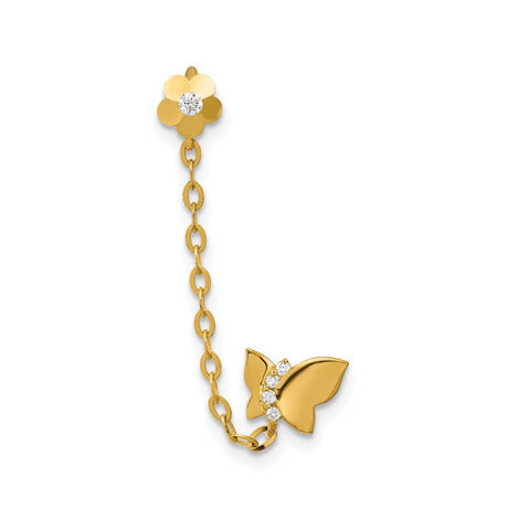 14k Yellow Gold Double Stud Earrings with Cubic Zirconia, Butterfly and Flower Design, Chain Link Style