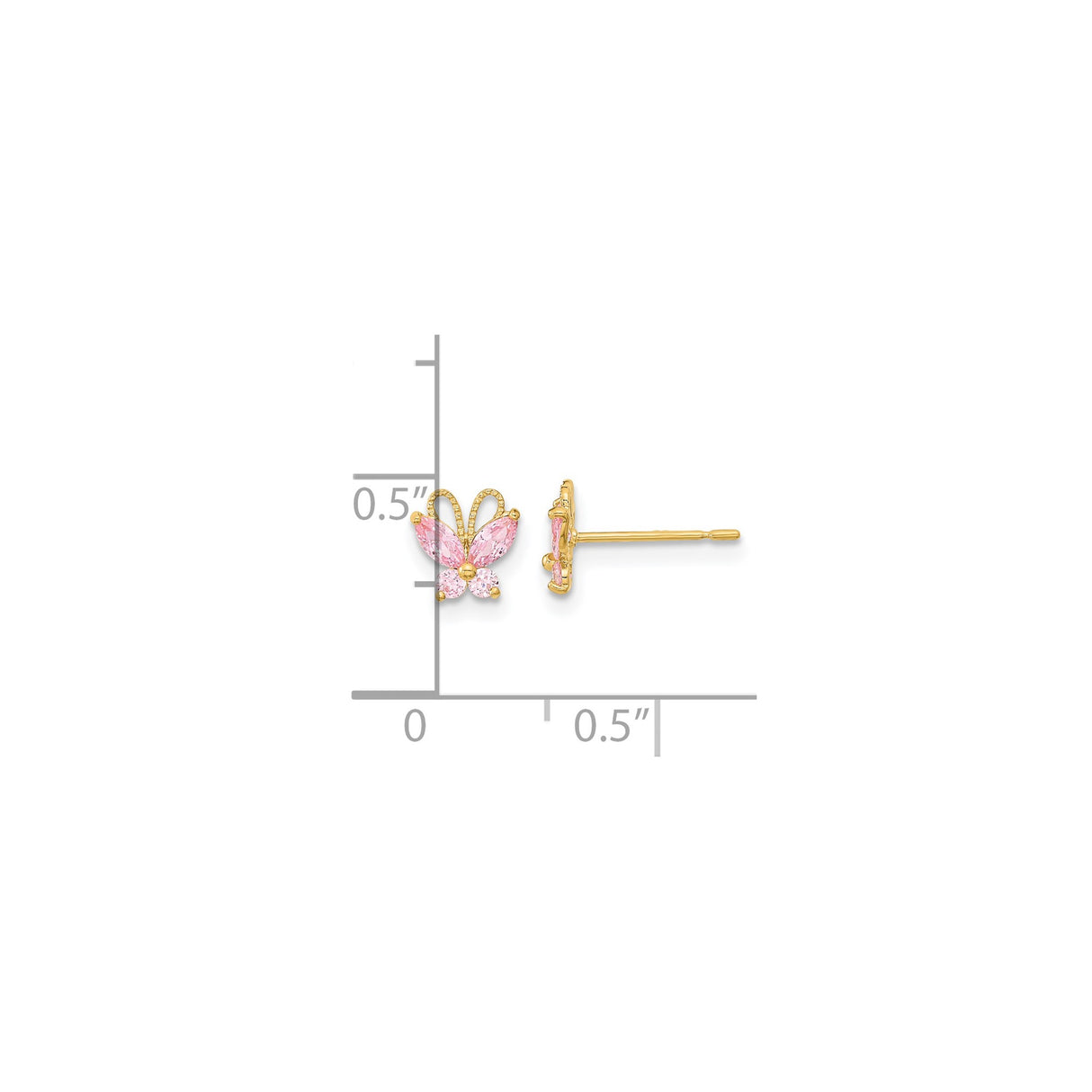 14k Yellow Gold Butterfly Stud Earrings with Pink Cubic Zirconia, Dainty Nature-Inspired Jewelry