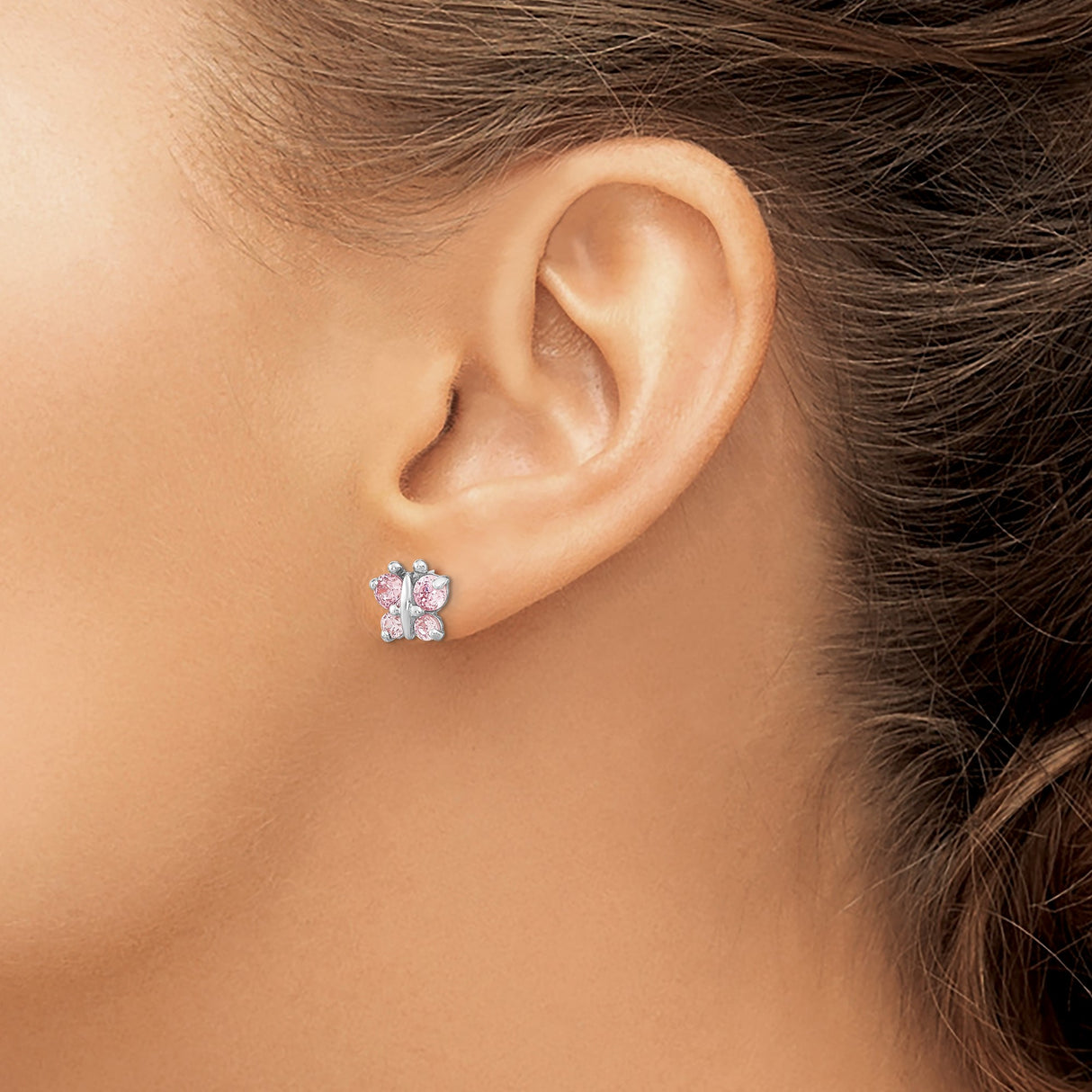 14k White Gold Butterfly Stud Earrings with Cubic Zirconia, Screw Back for Women or Girls