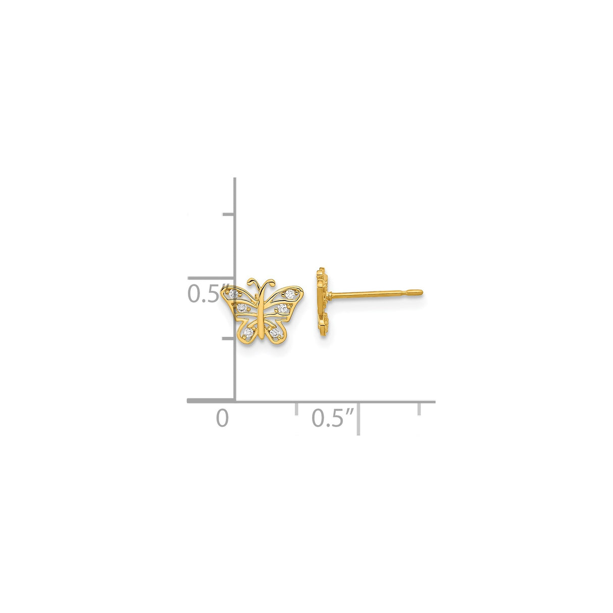 14k Yellow Gold Butterfly Stud Earrings with Cubic Zirconia Openwork Wings