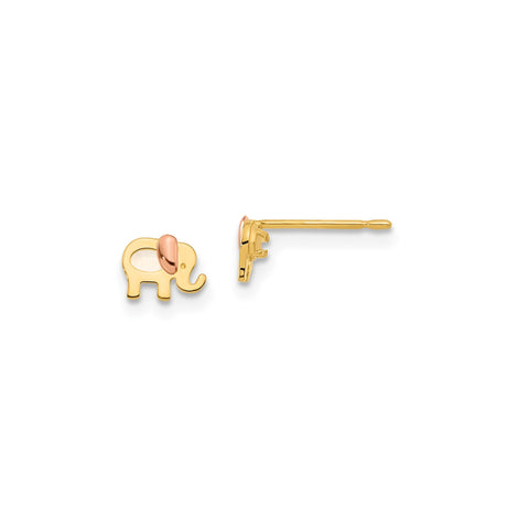 14k Yellow Gold Elephant Stud Earrings with Rose Gold Ears, Mother of Pearl, Playful Animal Design