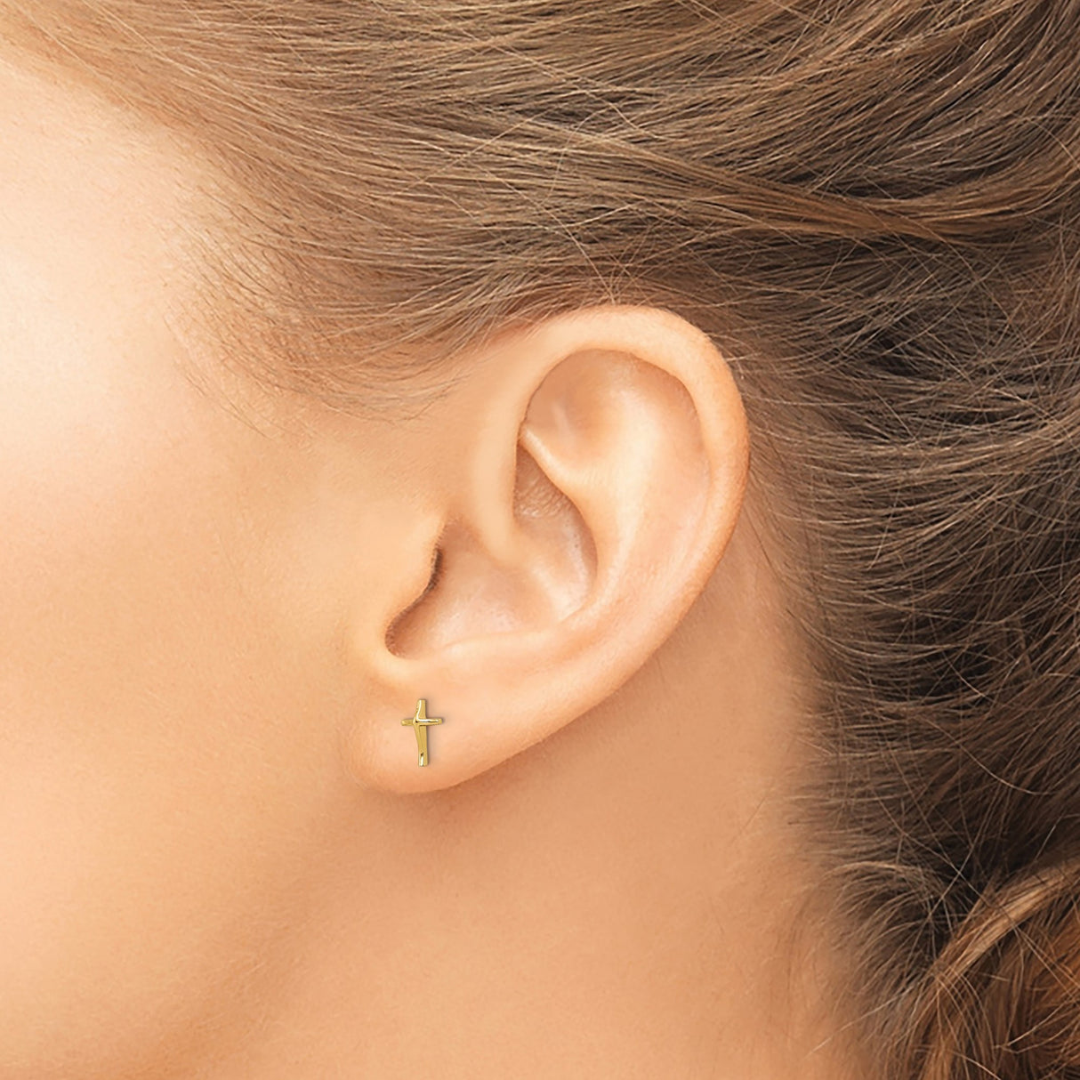 14k Yellow Gold Cross Stud Earrings, Religious Faith Symbol, Unisex Minimalist Design