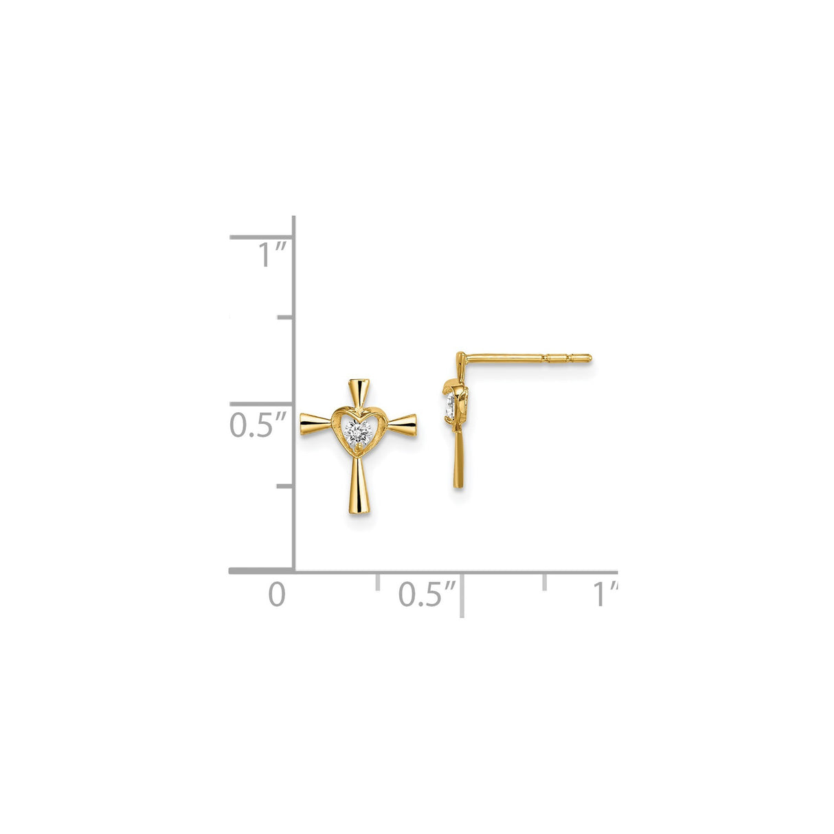 14k Yellow Gold Cross Pendant with Cubic Zirconia, Heart Detail, and White Gemstone Center